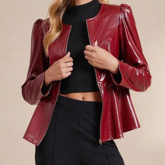Classic Vegan Leather Zip up Puff Sleeve Flared Hem Jacket - Picture 1 of 10